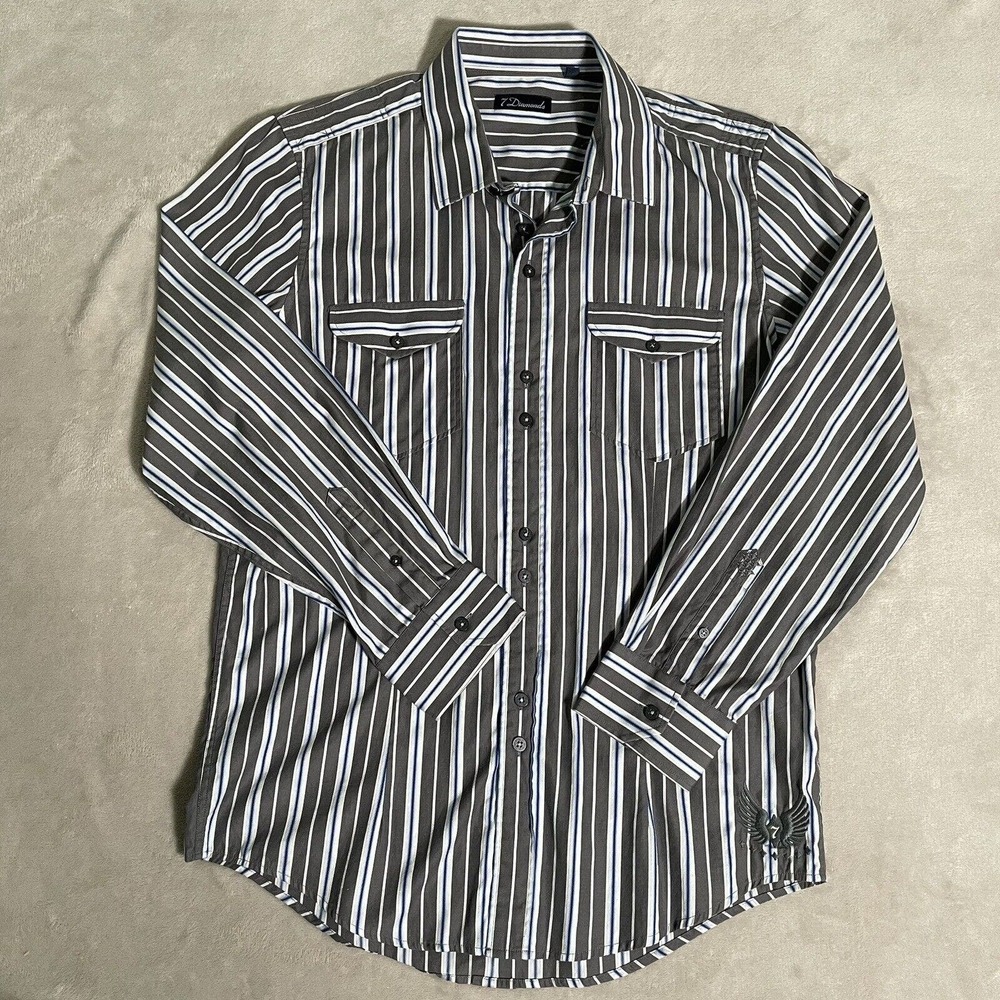 7 Diamonds Shirt Mens Large Blue Striped Flip Cuff Long Sleeve Cotton Button Up
